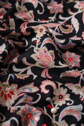 Multi Color Floral Pattern With Foil Print On Black Pure Rayon Fabric