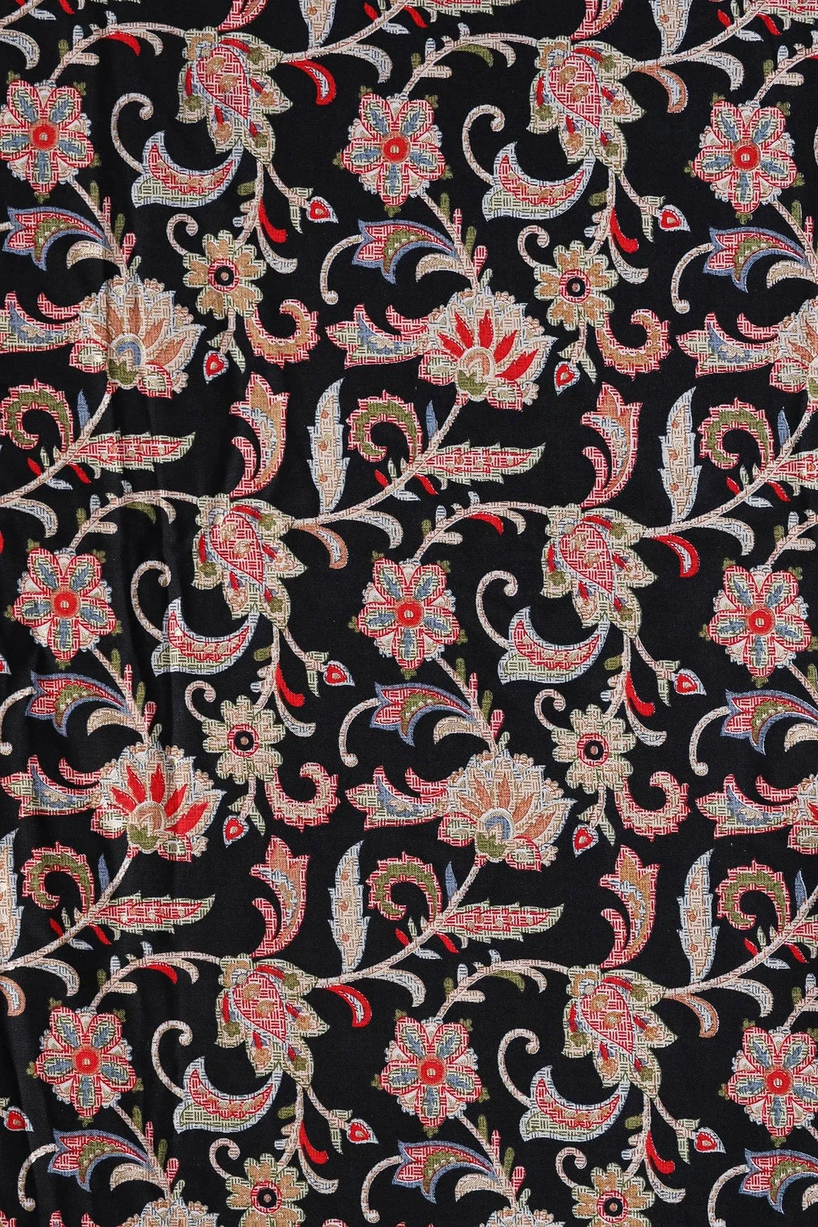 Multi Color Floral Pattern With Foil Print On Black Pure Rayon Fabric