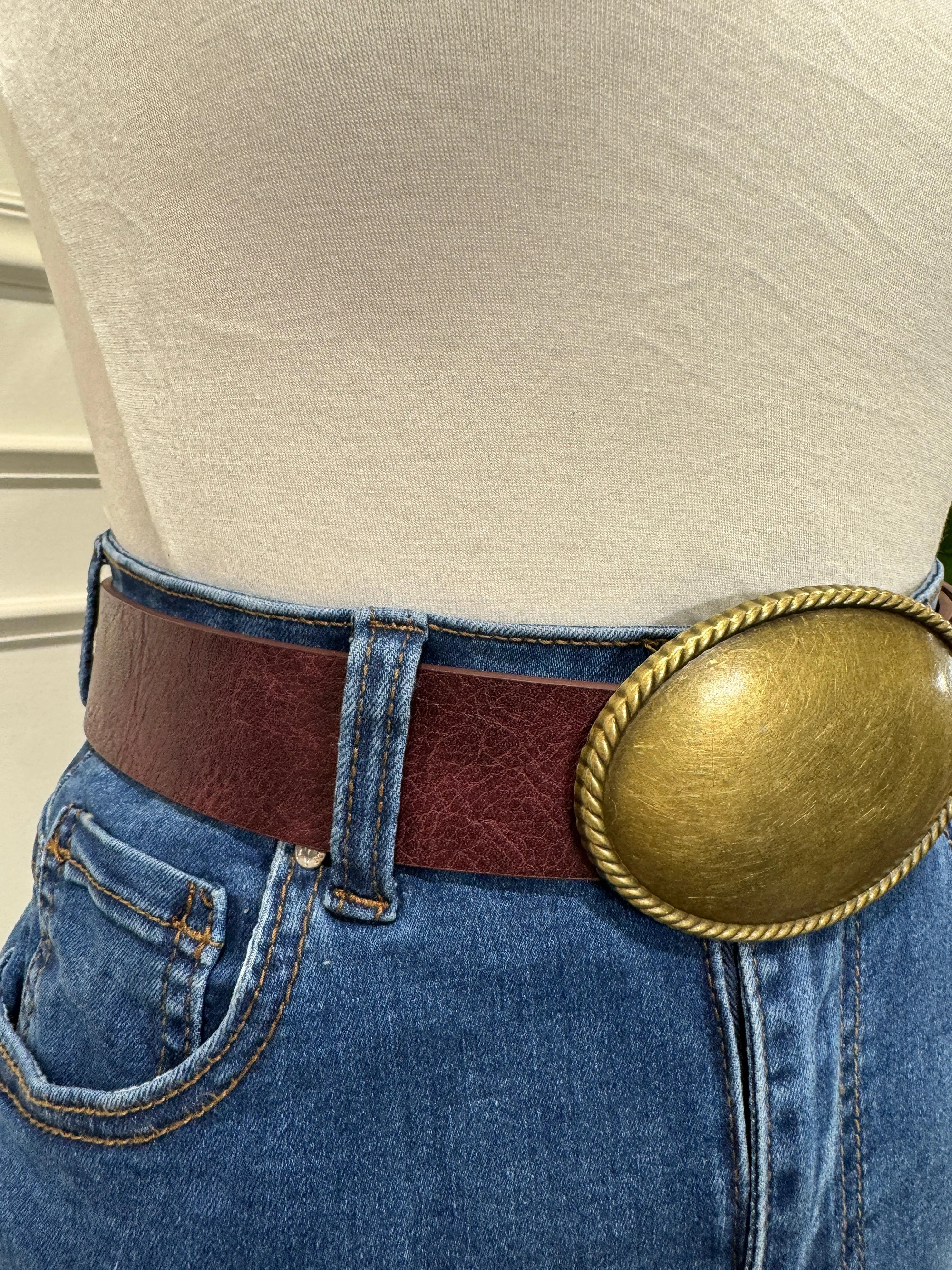 Nara - Dark Brown Leather Belt with Large Gold Buckle