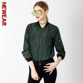 NEWEAR Women Casual Bomber Jacket Coat Autumn Winter Windbreaker Tops Long Sleeve Fashion Stand Collar Jackets Slim Zipper Coats
