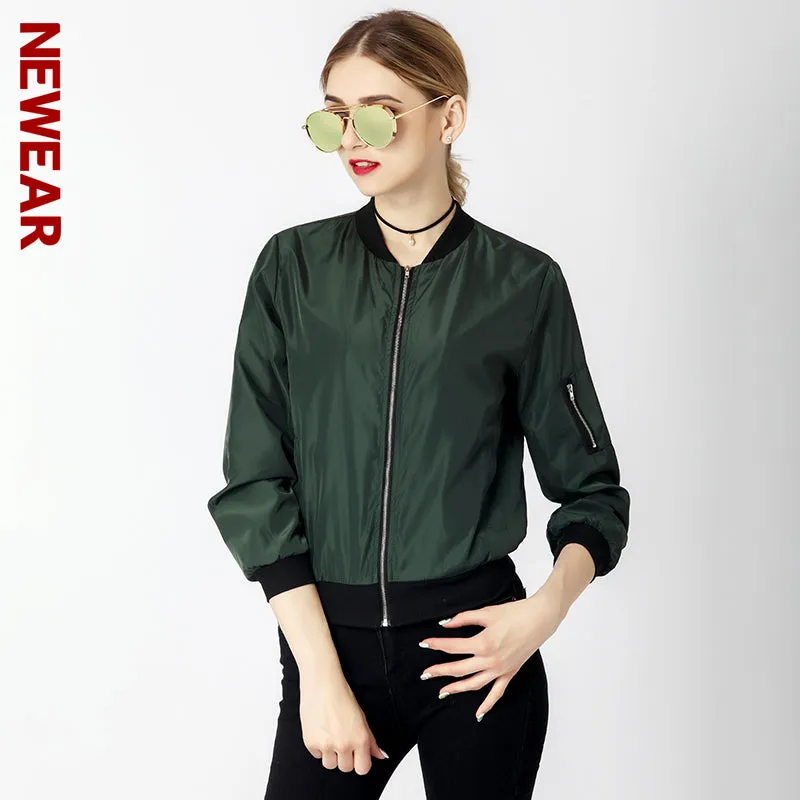 NEWEAR Women Casual Bomber Jacket Coat Autumn Winter Windbreaker Tops Long Sleeve Fashion Stand Collar Jackets Slim Zipper Coats
