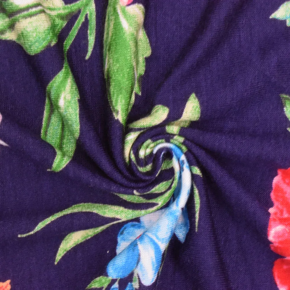 Night Blue-Red-Multi Floral Printed Rayon Stretch Jersey Knit Fabric