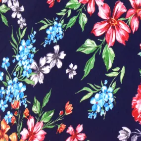 Night Blue-Red-Multi Floral Printed Rayon Stretch Jersey Knit Fabric