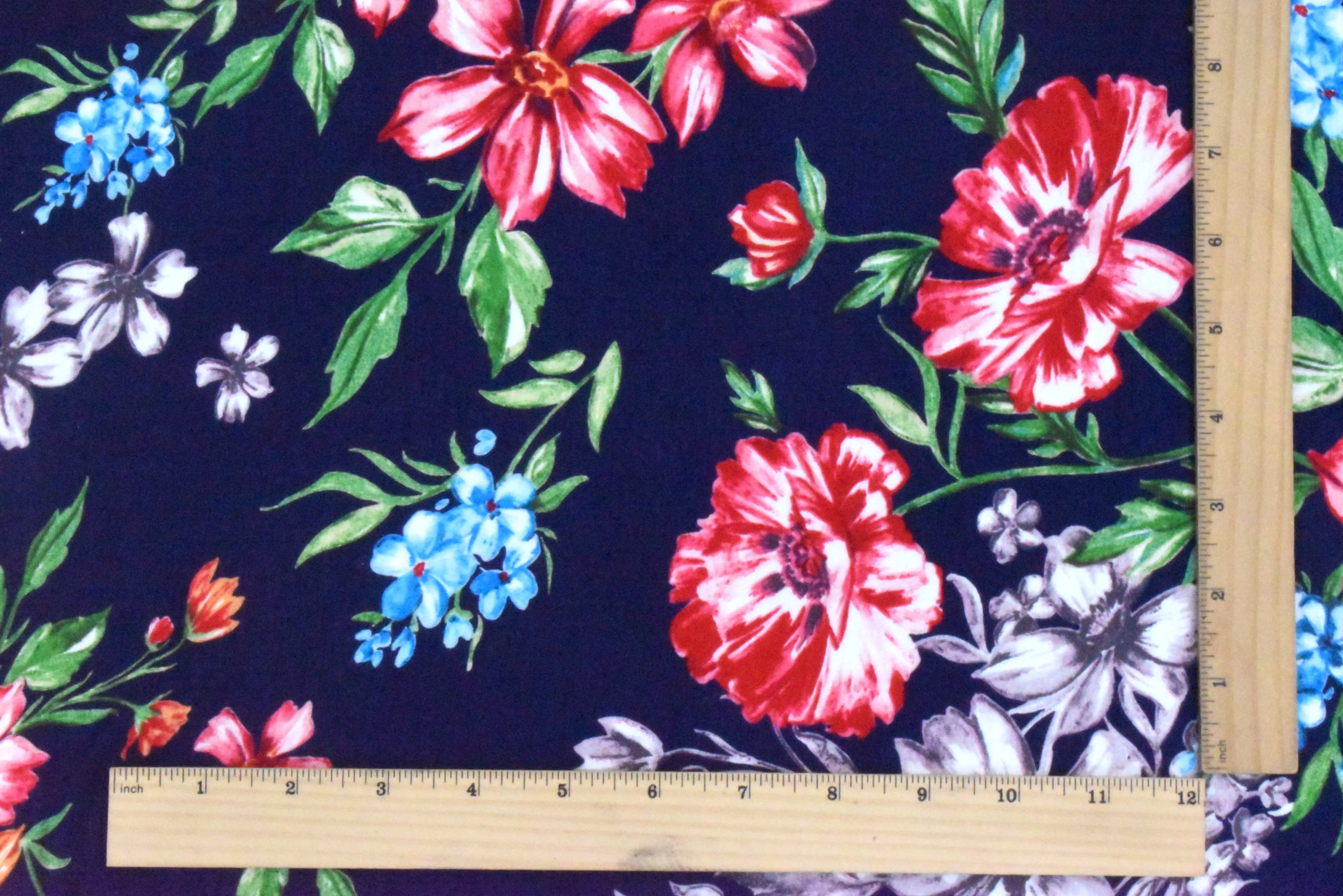 Night Blue-Red-Multi Floral Printed Rayon Stretch Jersey Knit Fabric