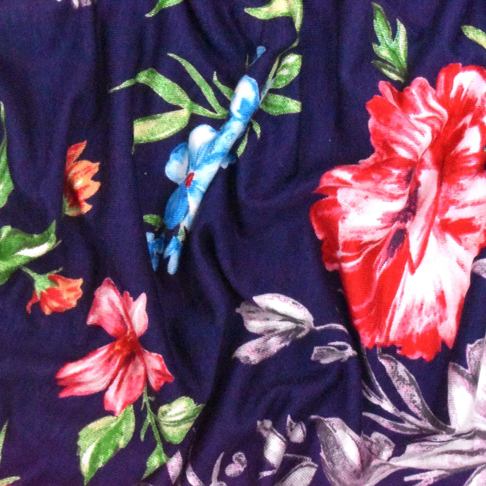 Night Blue-Red-Multi Floral Printed Rayon Stretch Jersey Knit Fabric