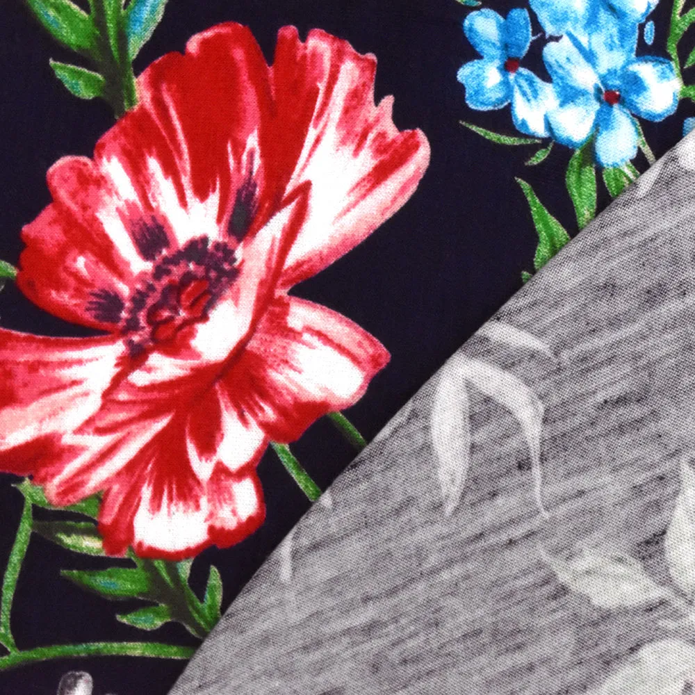 Night Blue-Red-Multi Floral Printed Rayon Stretch Jersey Knit Fabric