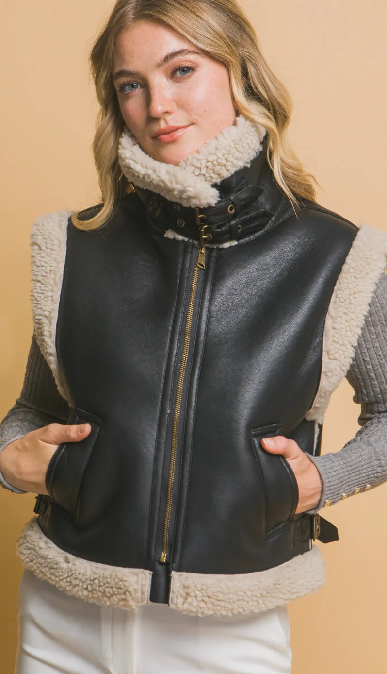 Nova Faux Leather Shearling Vest- Black