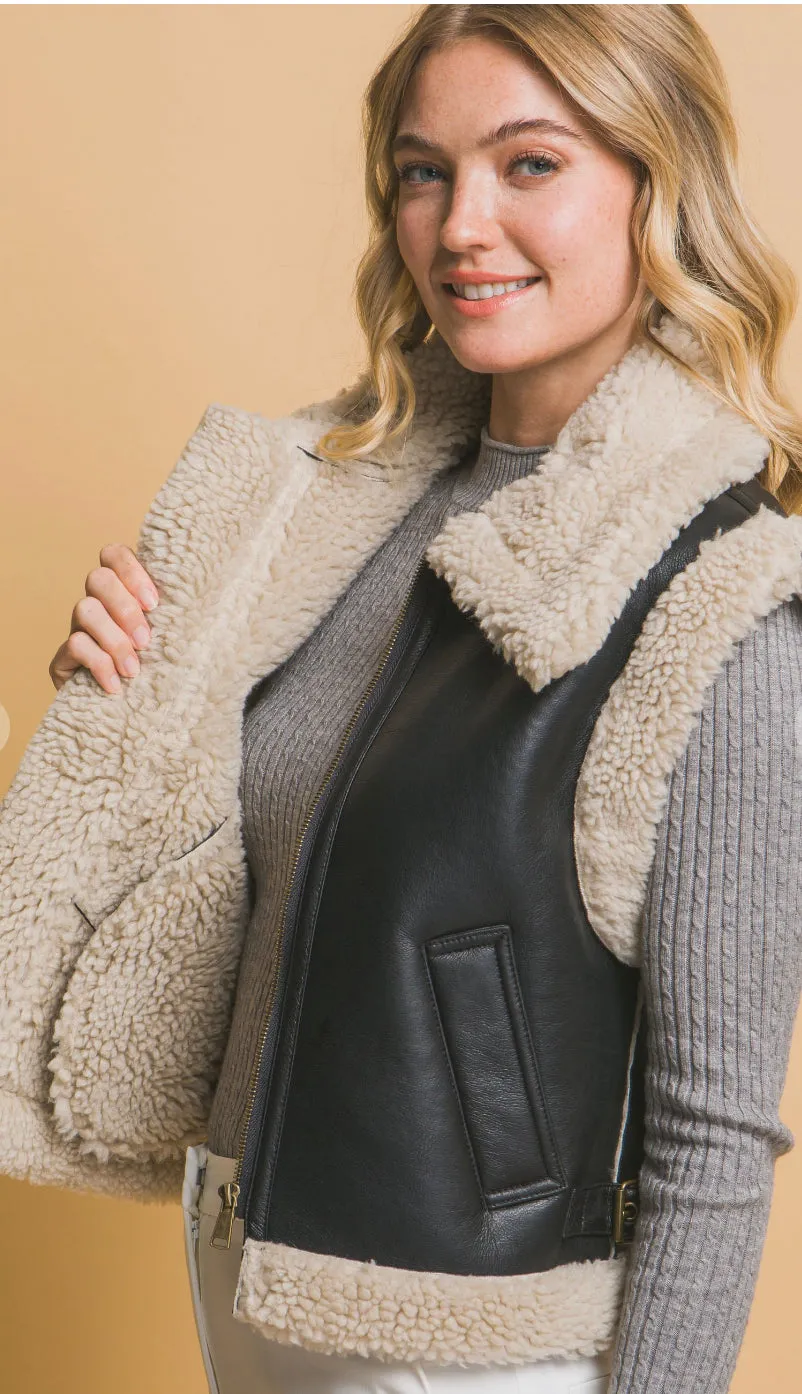 Nova Faux Leather Shearling Vest- Black