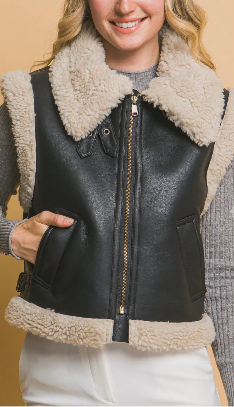 Nova Faux Leather Shearling Vest- Black