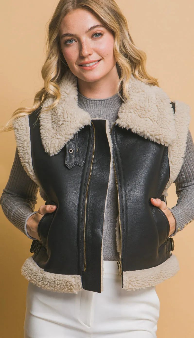 Nova Faux Leather Shearling Vest- Black