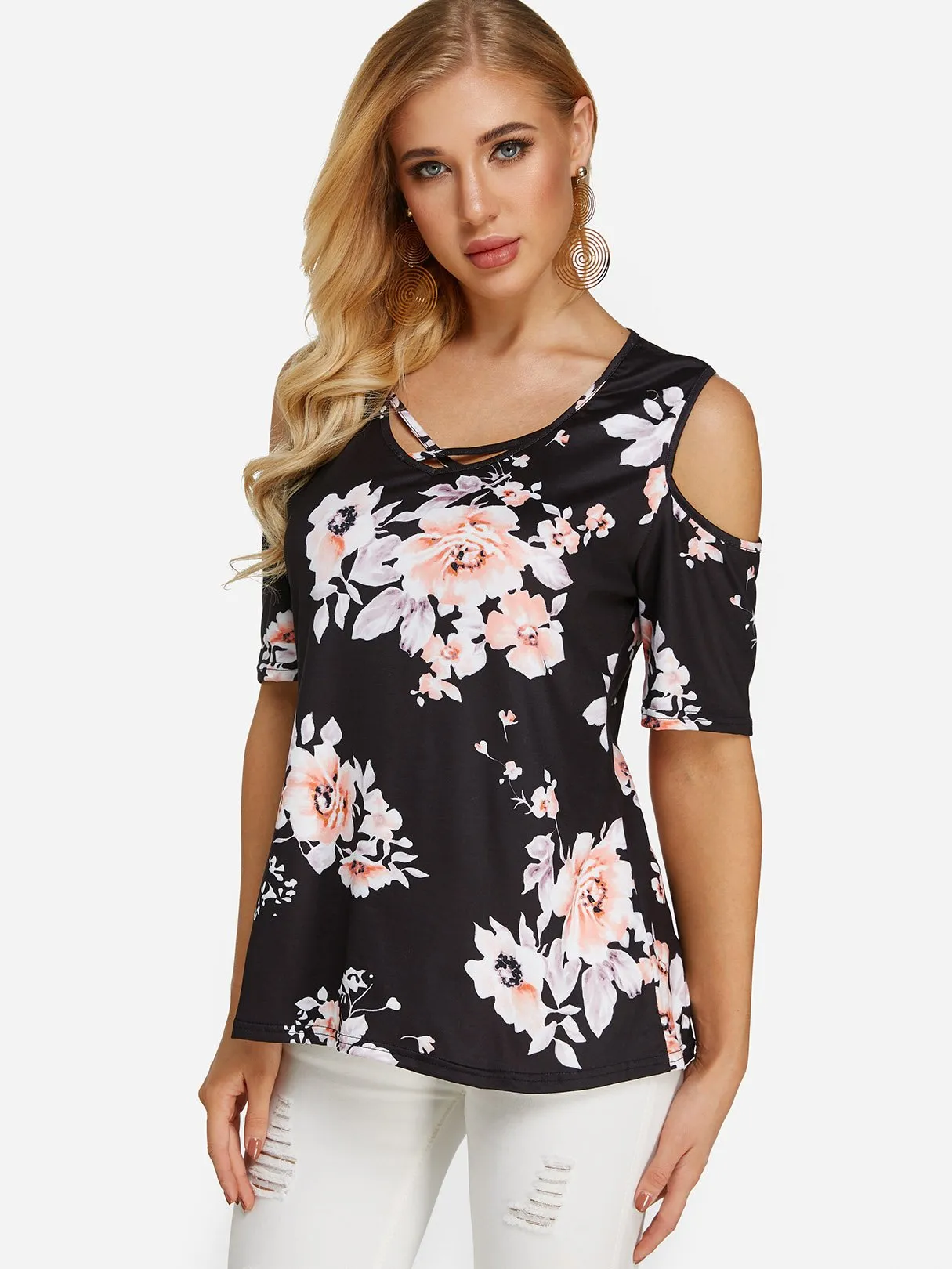 OEM ODM Cold Shoulder Floral Print Short Sleeve Blouses