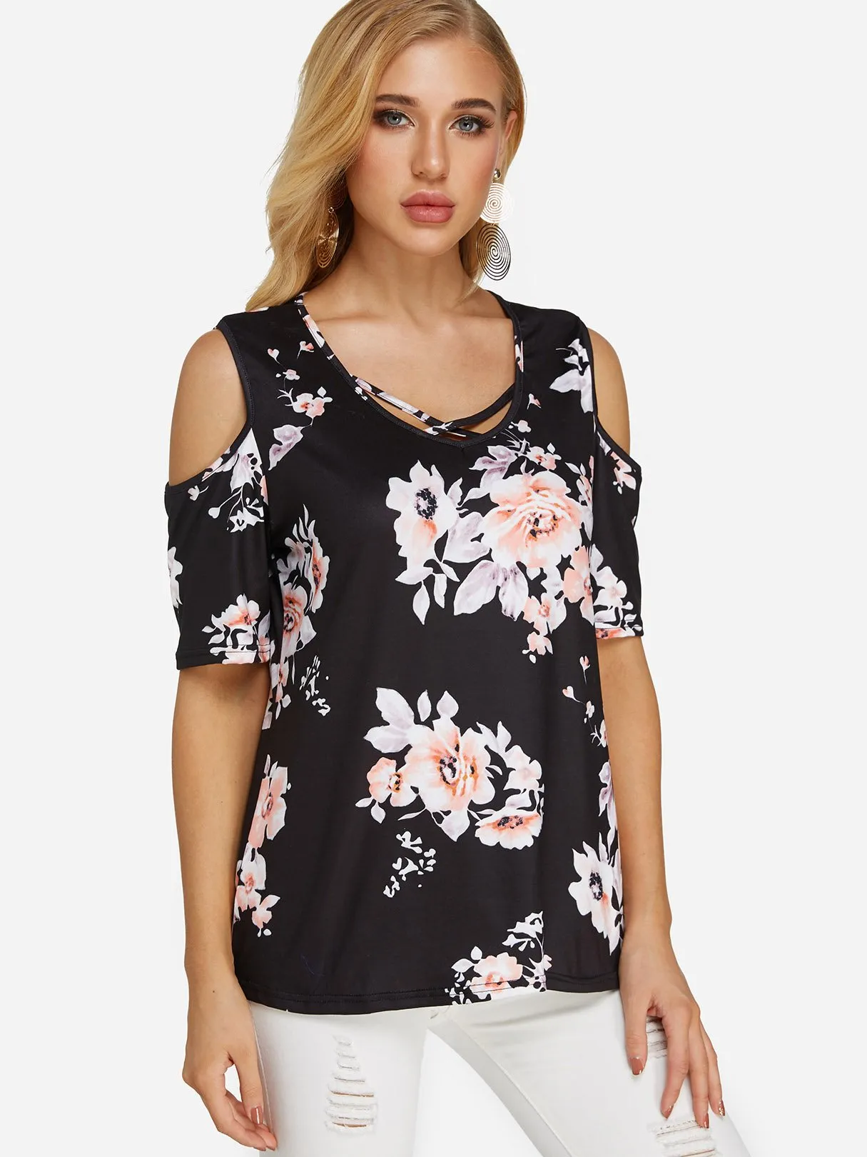 OEM ODM Cold Shoulder Floral Print Short Sleeve Blouses