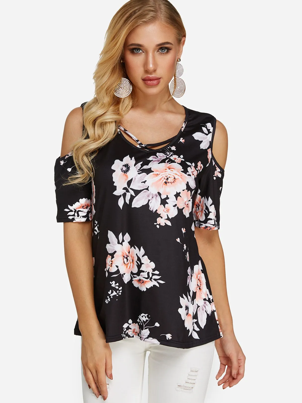 OEM ODM Cold Shoulder Floral Print Short Sleeve Blouses