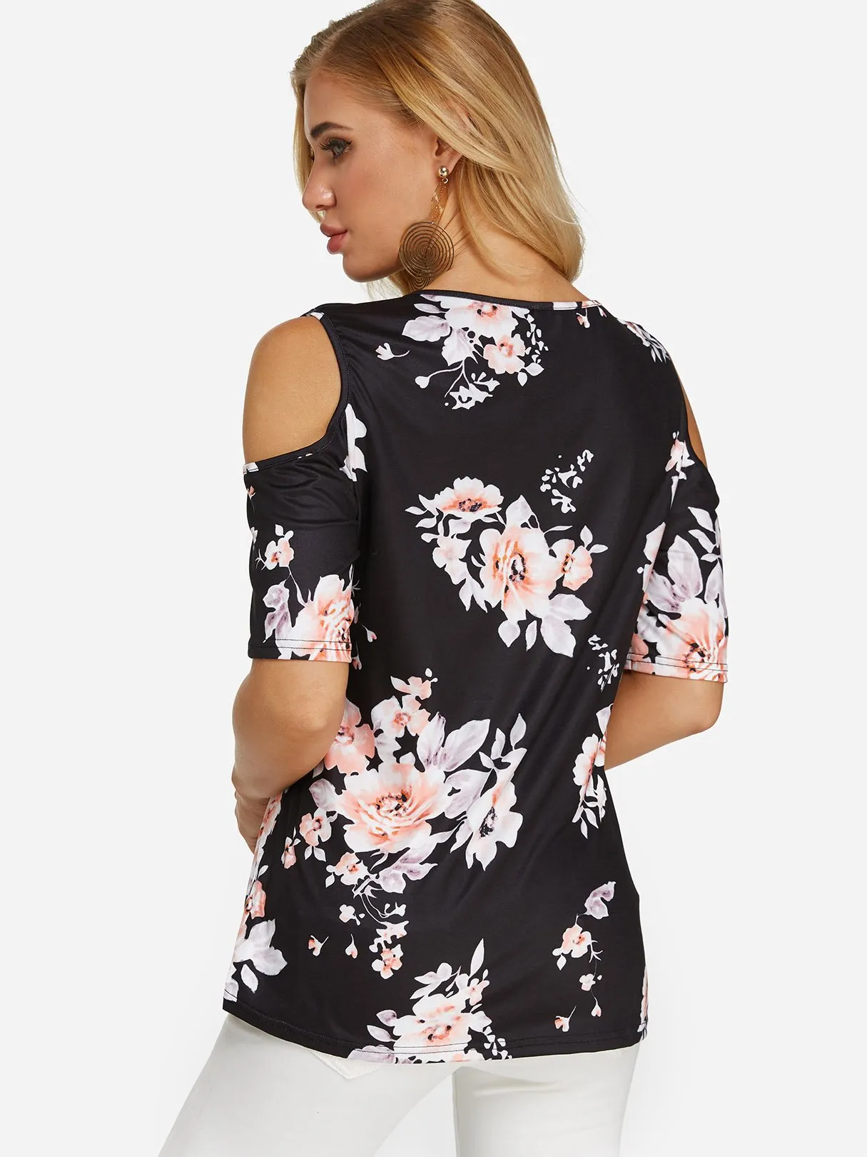 OEM ODM Cold Shoulder Floral Print Short Sleeve Blouses