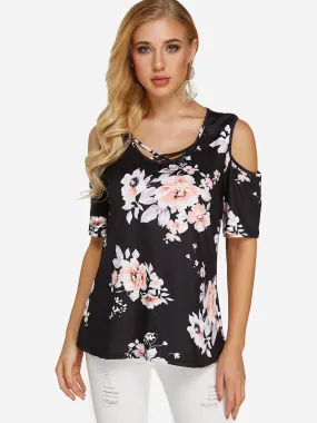 OEM ODM Cold Shoulder Floral Print Short Sleeve Blouses