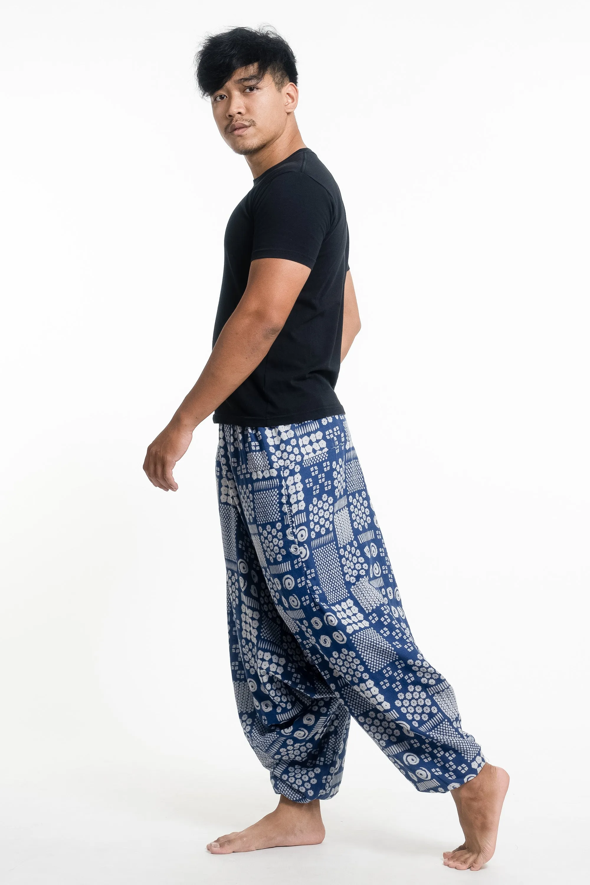 Patchwork Prints Men's Low Cut Cotton Harem Pants in Indigo