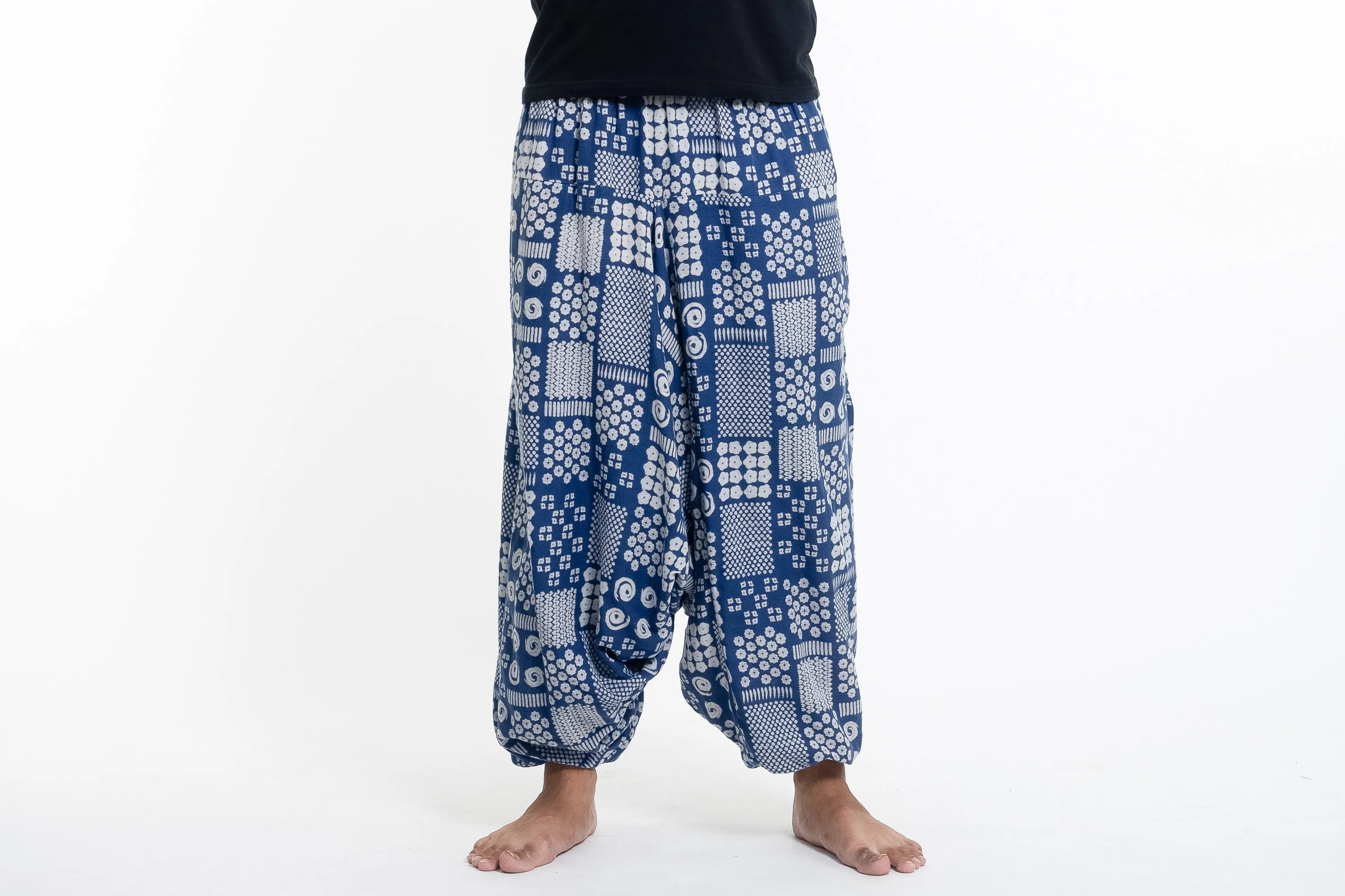 Patchwork Prints Men's Low Cut Cotton Harem Pants in Indigo
