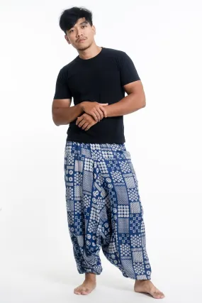 Patchwork Prints Men's Low Cut Cotton Harem Pants in Indigo