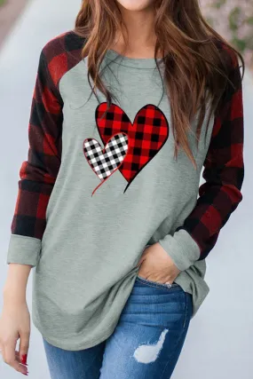 Plaid Heart Shape Print Color Block Long Sleeve Top