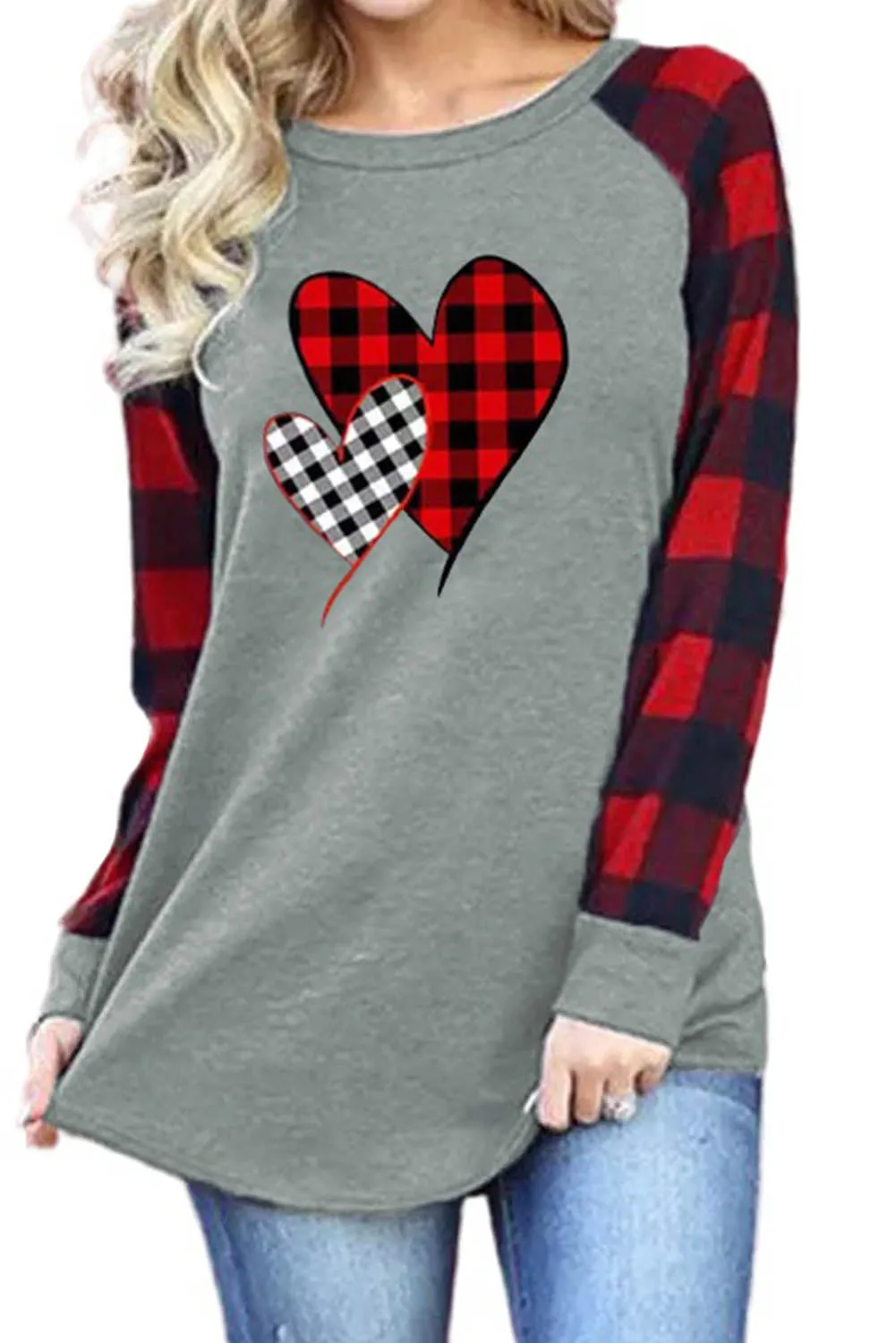 Plaid Heart Shape Print Color Block Long Sleeve Top