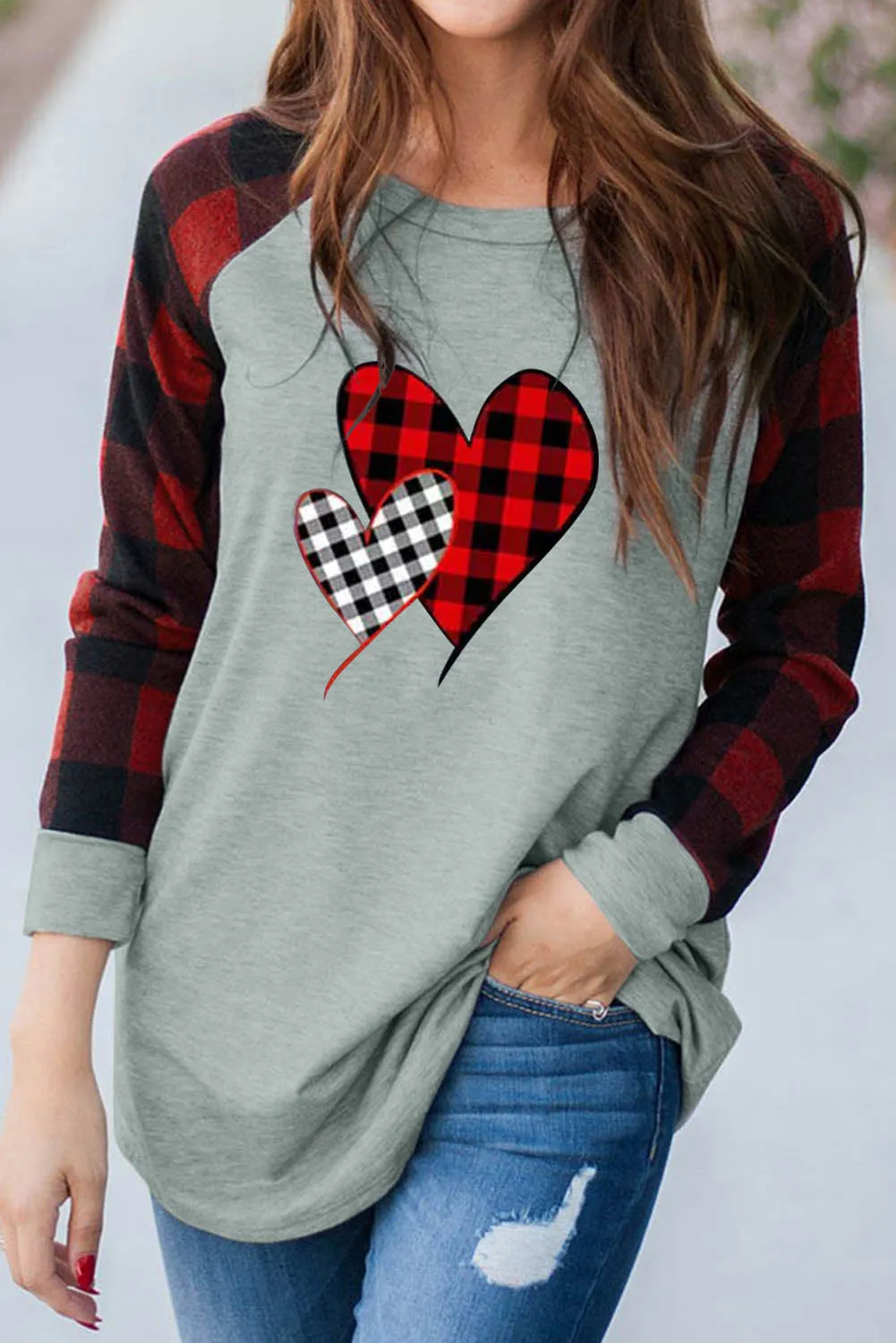 Plaid Heart Shape Print Color Block Long Sleeve Top