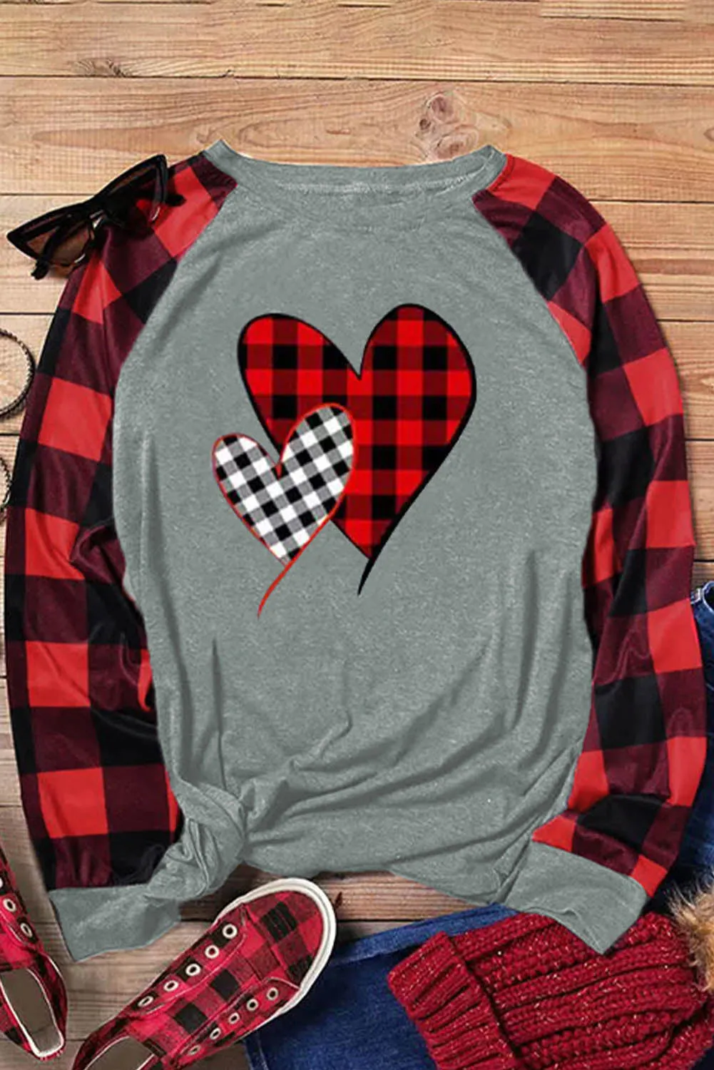 Plaid Heart Shape Print Color Block Long Sleeve Top