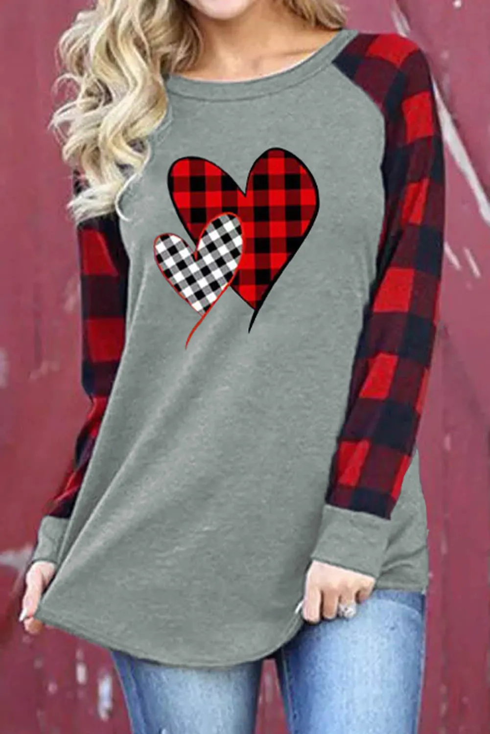Plaid Heart Shape Print Color Block Long Sleeve Top