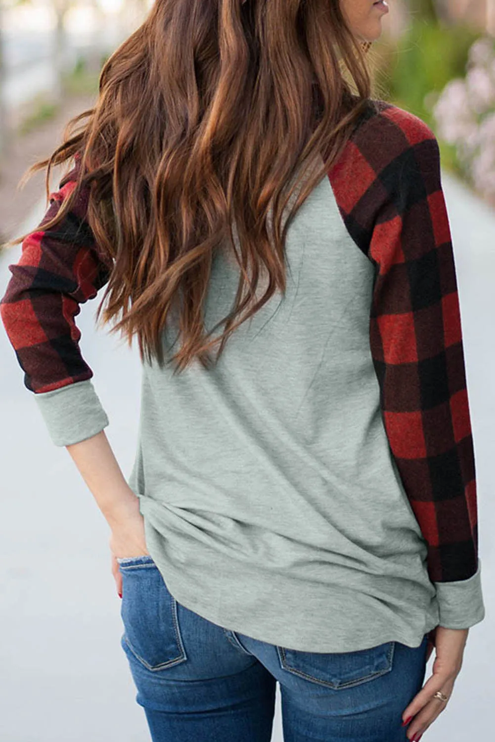 Plaid Heart Shape Print Color Block Long Sleeve Top