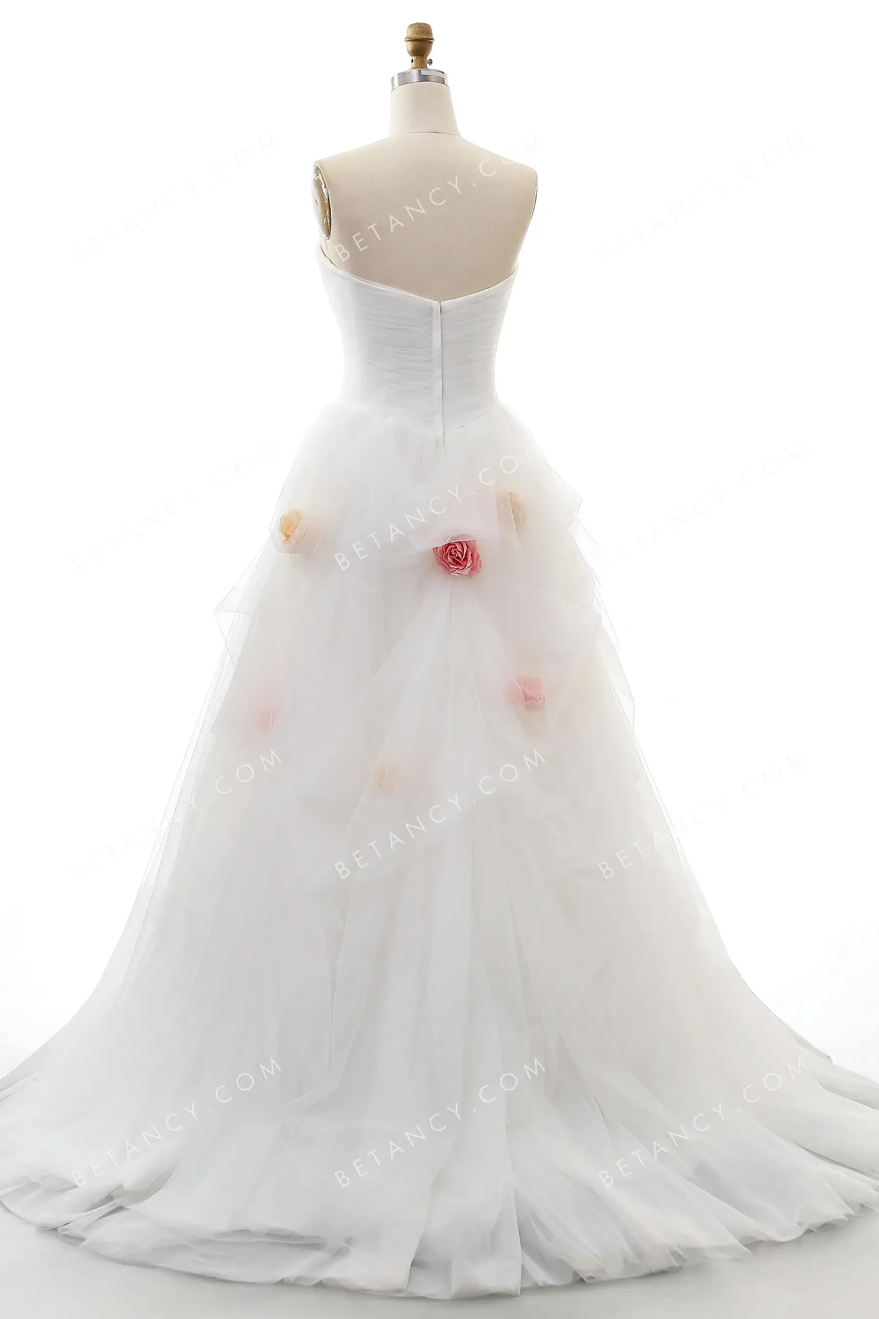 Pleated Tulle Pricess Bridal Gown with Flowers Adorned