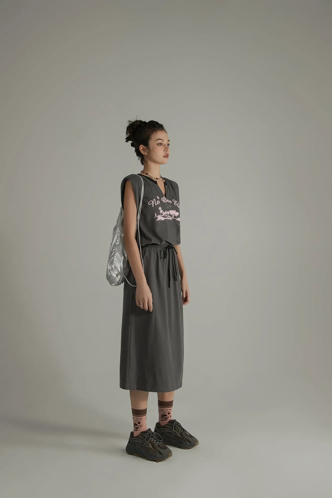 Printed Elastic Waist Drawstring Mid-Length Sleeveless Dress
