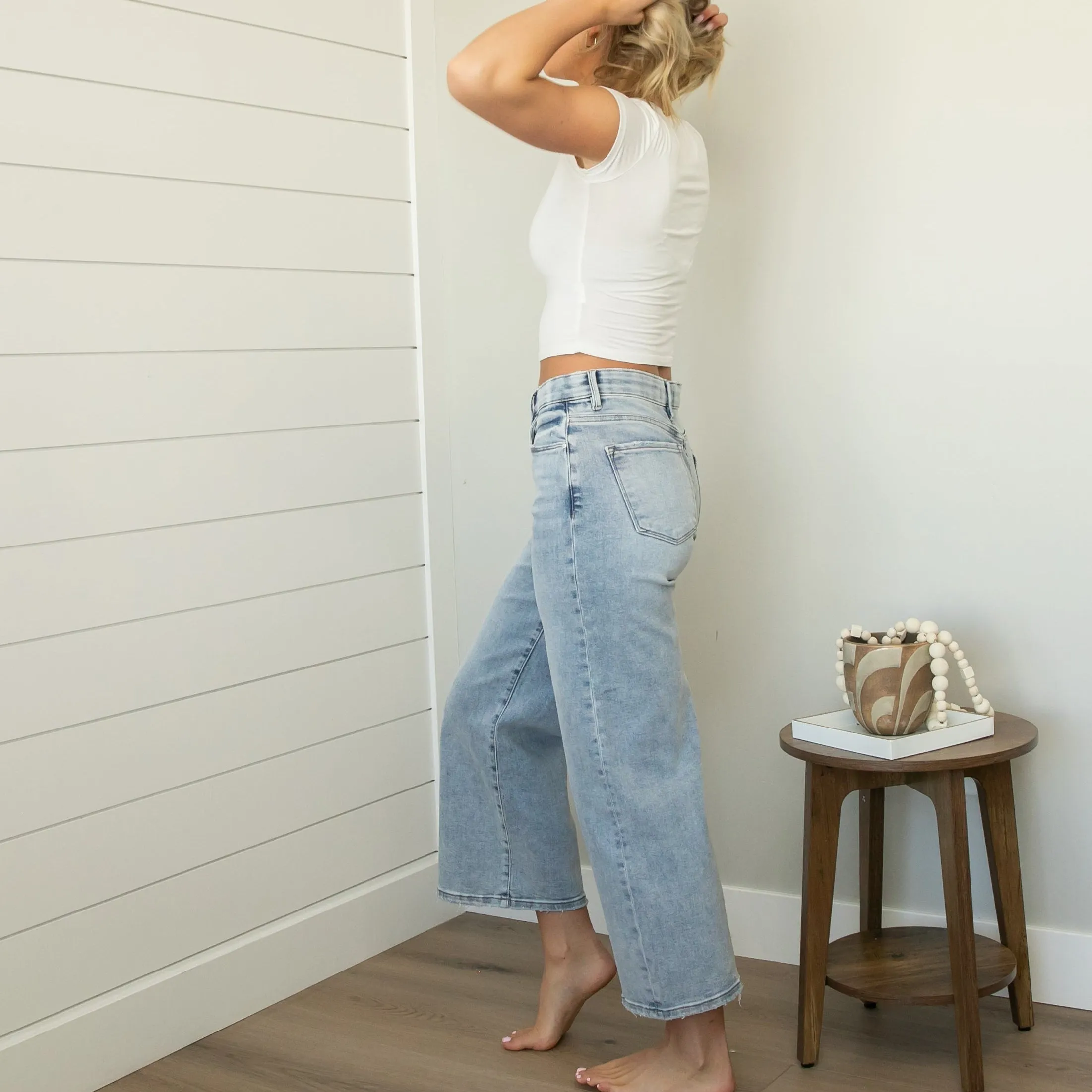 Risen High Rise Tummy Control Cropped Wide Leg Jeans