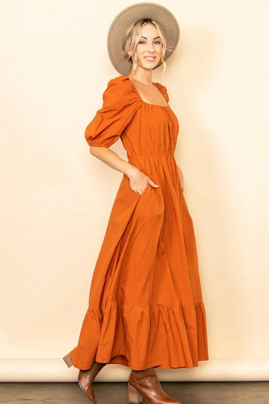 Rustic Orange Wide Flare Boho Maxi Dress