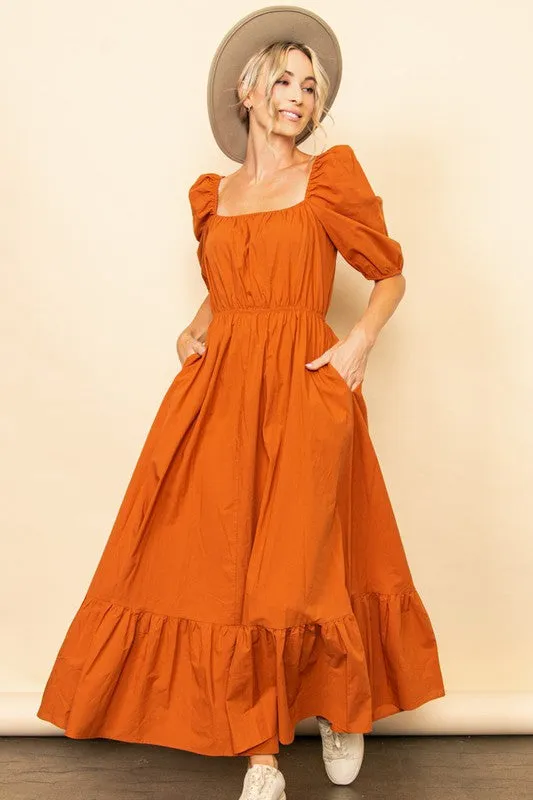 Rustic Orange Wide Flare Boho Maxi Dress