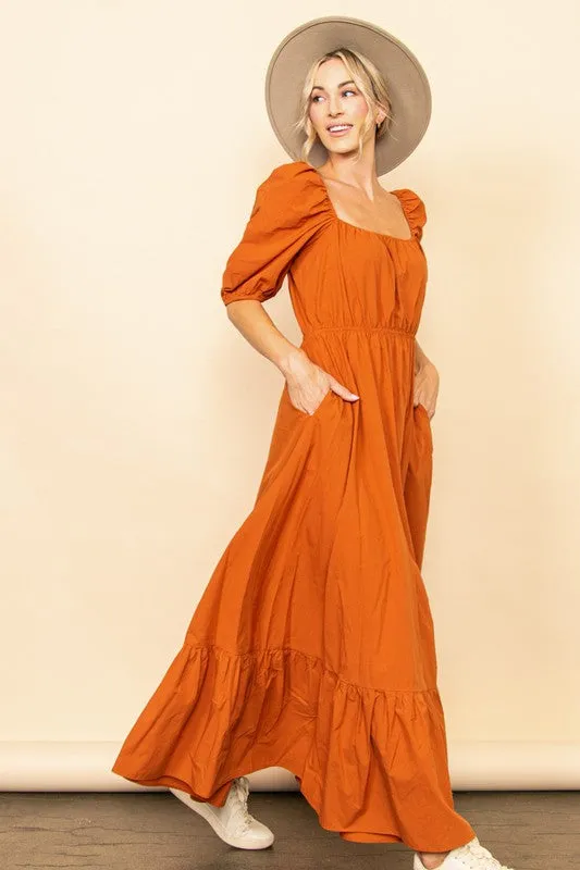 Rustic Orange Wide Flare Boho Maxi Dress