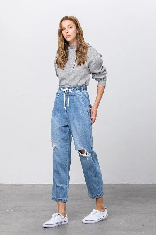 Sandy Shores Distressed Drawstring Waist Slouch Jeans