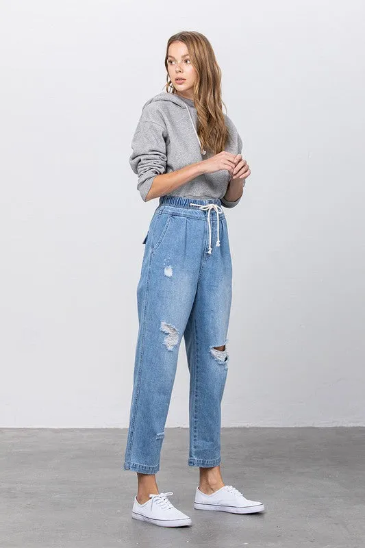 Sandy Shores Distressed Drawstring Waist Slouch Jeans