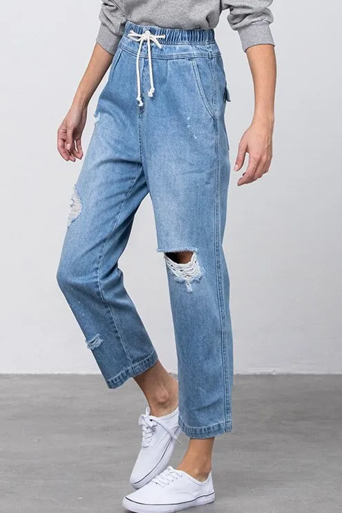 Sandy Shores Distressed Drawstring Waist Slouch Jeans