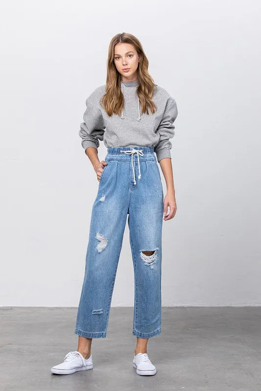 Sandy Shores Distressed Drawstring Waist Slouch Jeans