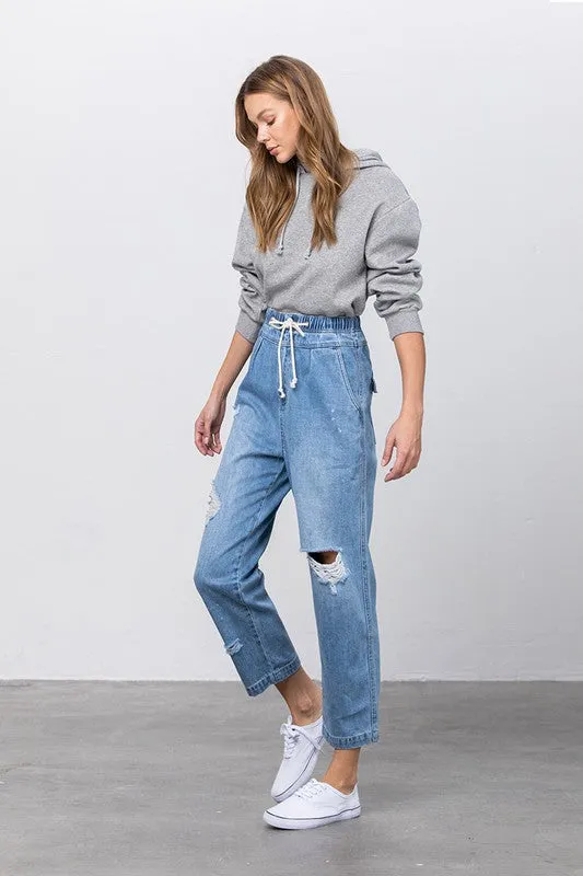 Sandy Shores Distressed Drawstring Waist Slouch Jeans