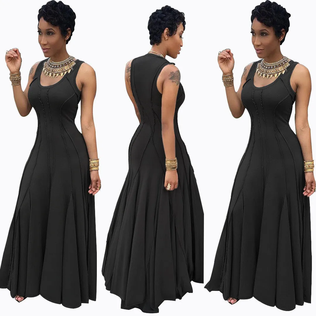 Scoop Sleeveless Solid High-waist Pleated Long Dress