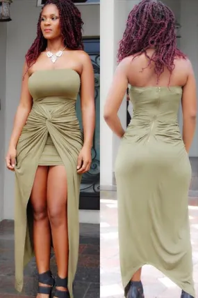 Sexy Strapless Solid Color High Slit Pleated Maxi Dress