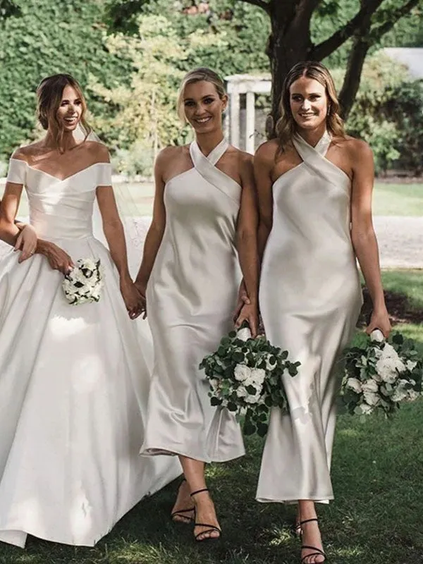 Sheath/Column Elastic Woven Satin Halter Sleeveless Ankle-Length Bridesmaid Dresses