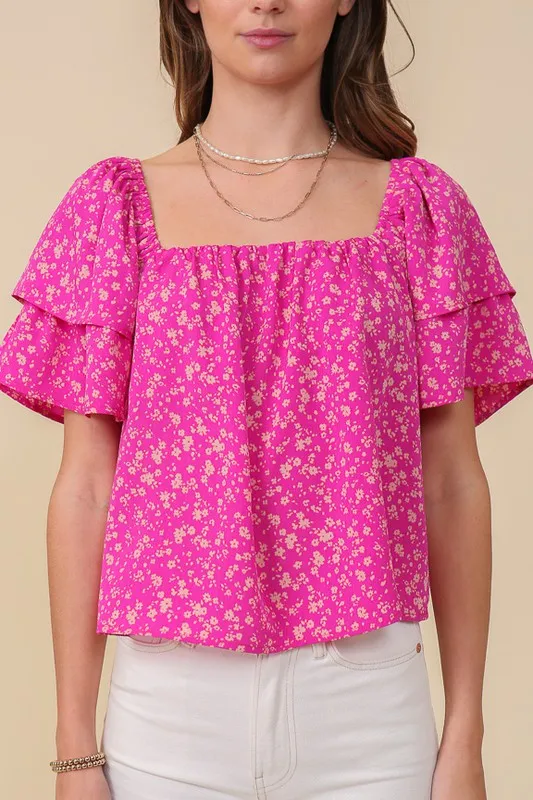 Smocked Square Neck Floral Blouse With Open back