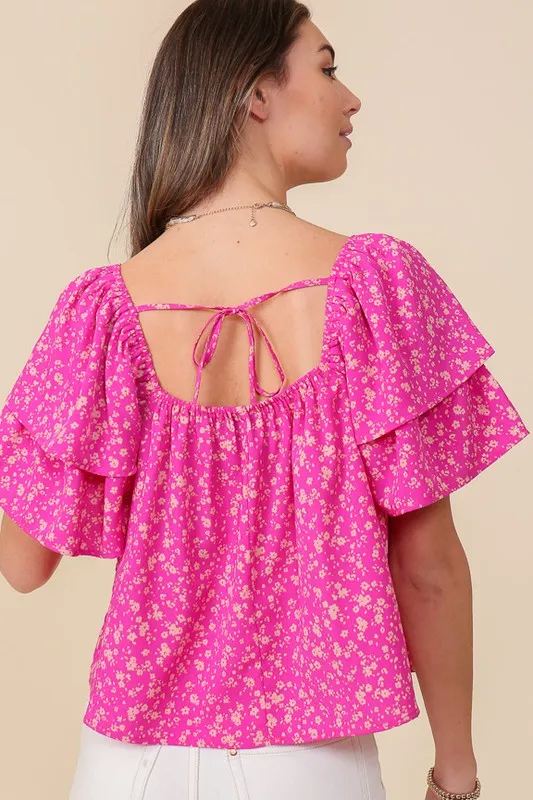 Smocked Square Neck Floral Blouse With Open back