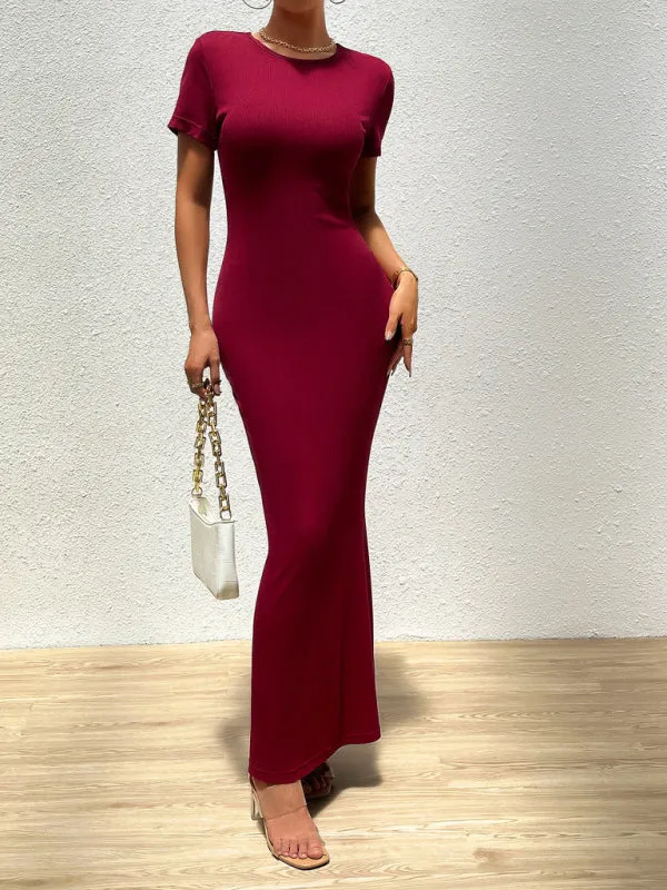 Solid Bodycon Maxi Dress with Short Sleeves