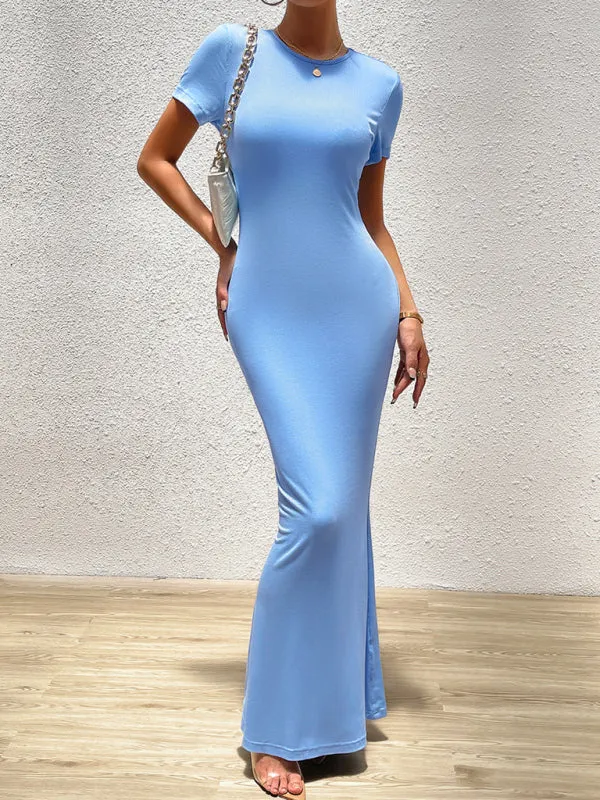Solid Bodycon Maxi Dress with Short Sleeves