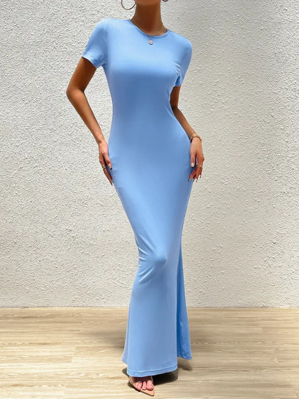 Solid Bodycon Maxi Dress with Short Sleeves