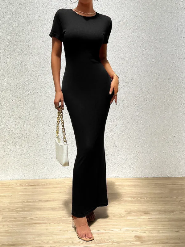 Solid Bodycon Maxi Dress with Short Sleeves