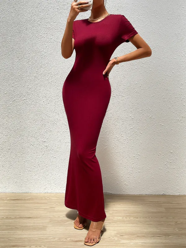 Solid Bodycon Maxi Dress with Short Sleeves
