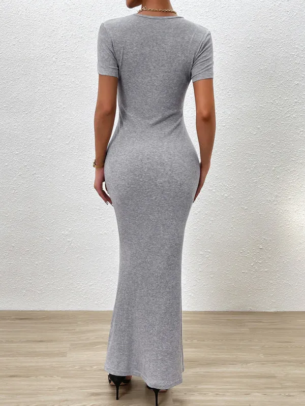 Solid Bodycon Maxi Dress with Short Sleeves